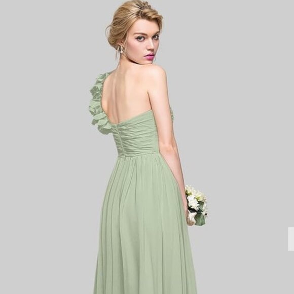 A-line One Shoulder Floor-Length Chiffon Bridesmaid Dress With 3D Floral Ruffle - Picture 3 of 3